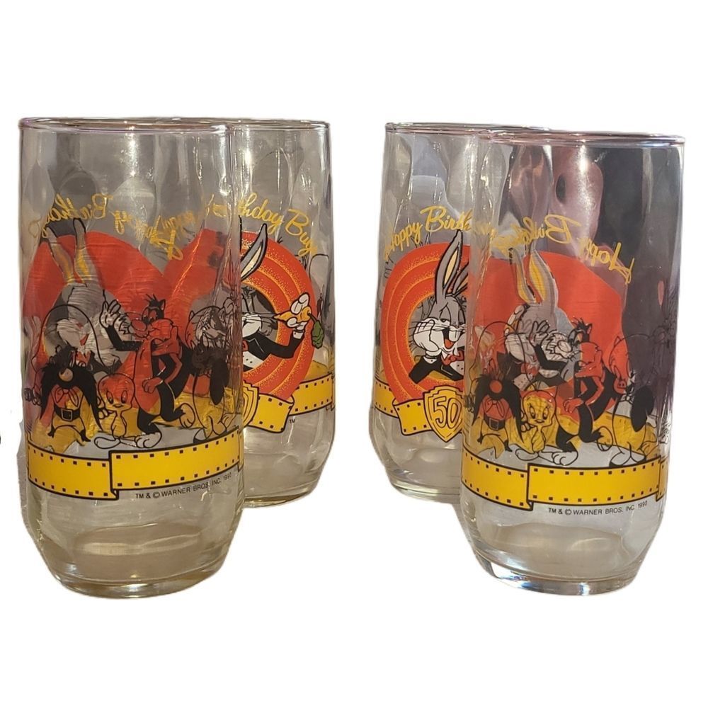 1990 Set of 4 Happy Birthday Bugs Bunny 50th Anniversary Cup Looney Tunes